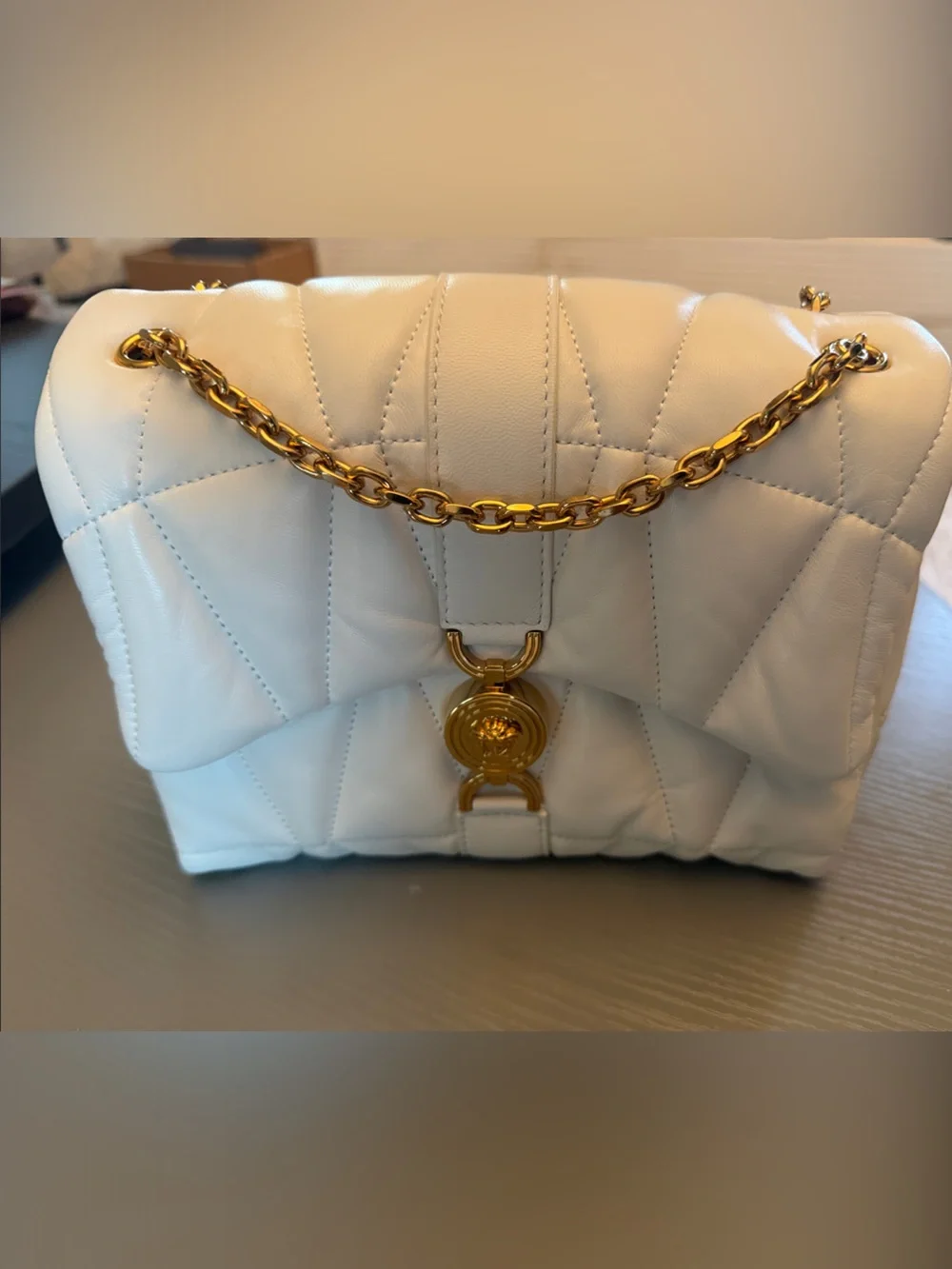 Versace White Quilted Leather Shoulder Tote with Gold Chain